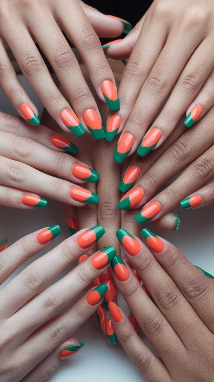 Nails designed to resemble carrots, featuring orange and green colors in a whimsical style.