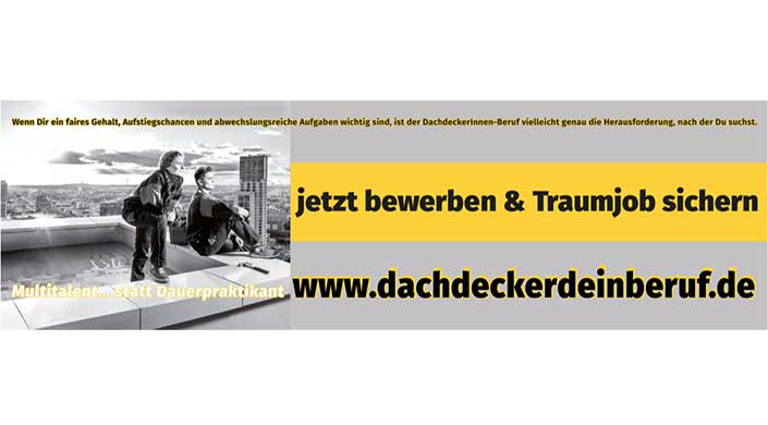Graues und gelbes Banner mit Text: „jetzt bewerben“ und einer Webadresse www.dach..., Werbung für eine Bewerbung im Dachdeckerbereich.