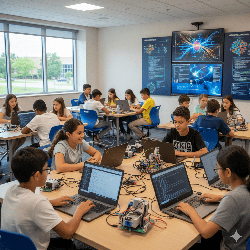 Diverse students in a modern classroom working on laptops and assembling robotics kits at shared tables.