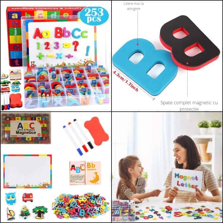Set 253 piese cu litere alfabet si cifre magnetice, 1 tabla magnetica cu doua fete si cutie de depozitare, jucarii educative pentru copii de 3,4,5,6,7 ani