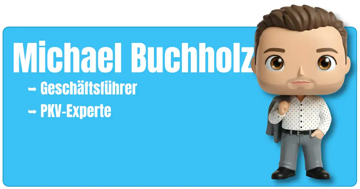 Maskottchen von Michael Buchholz, Geschäftsführer und PKV-Experte von fairbeamtet.de, als Figur vor blauem Hintergrund mit großem Namensschriftzug.