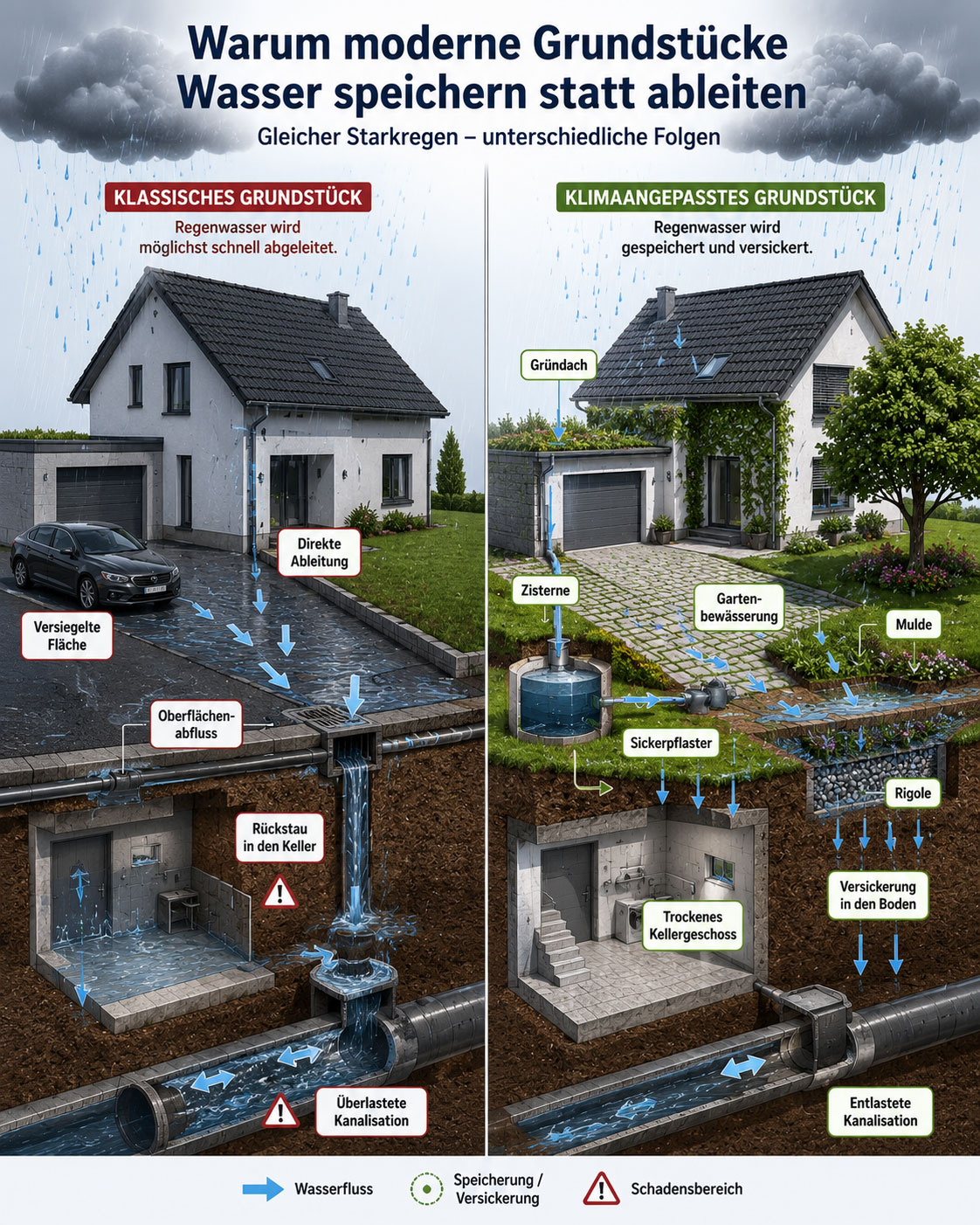 Wasser speichern statt ableiten beim Haus