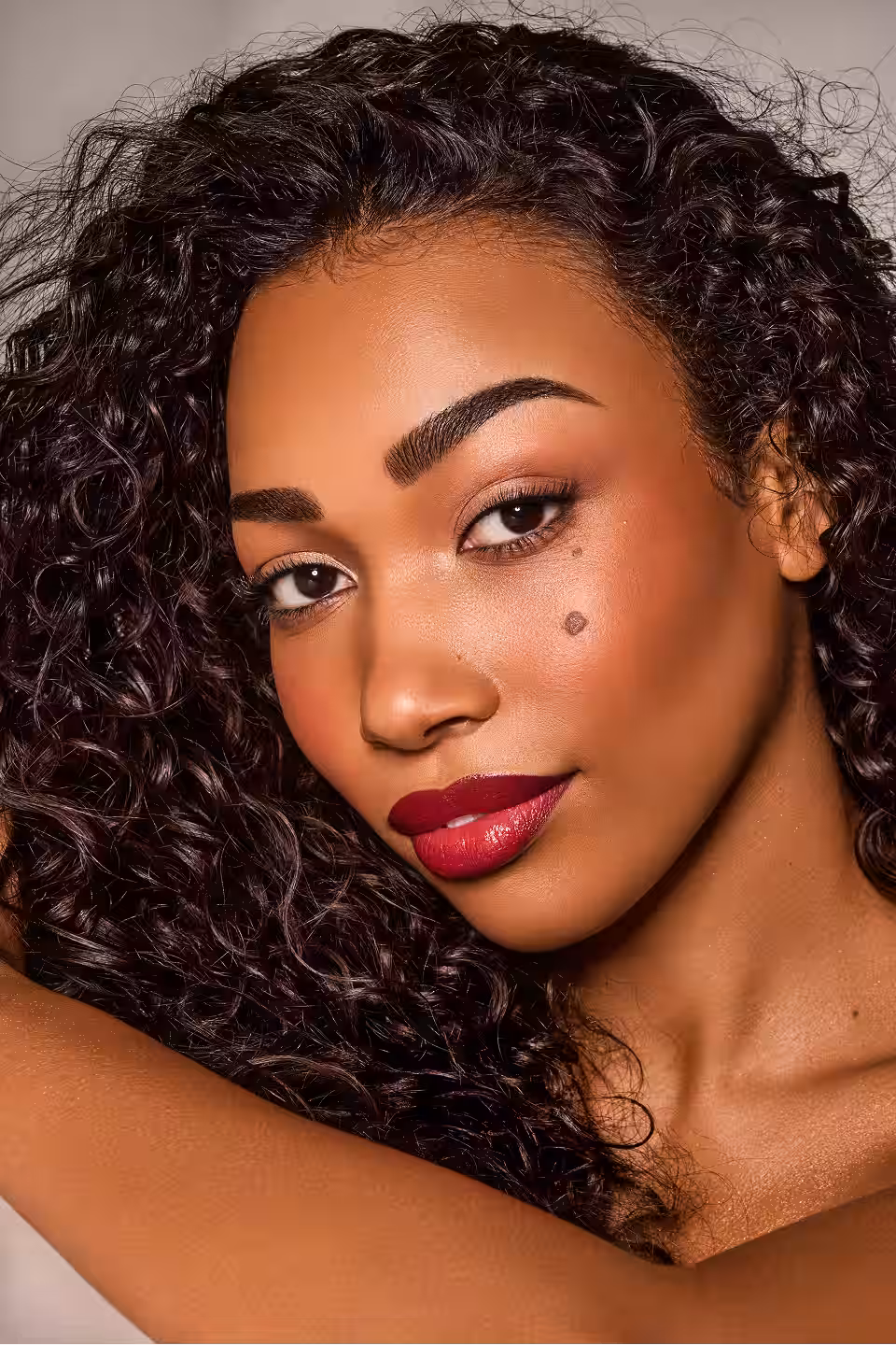 Nahaufnahme eines Modells mit lockigem Haar, betontem Make-up und voluminösen Lippen.
