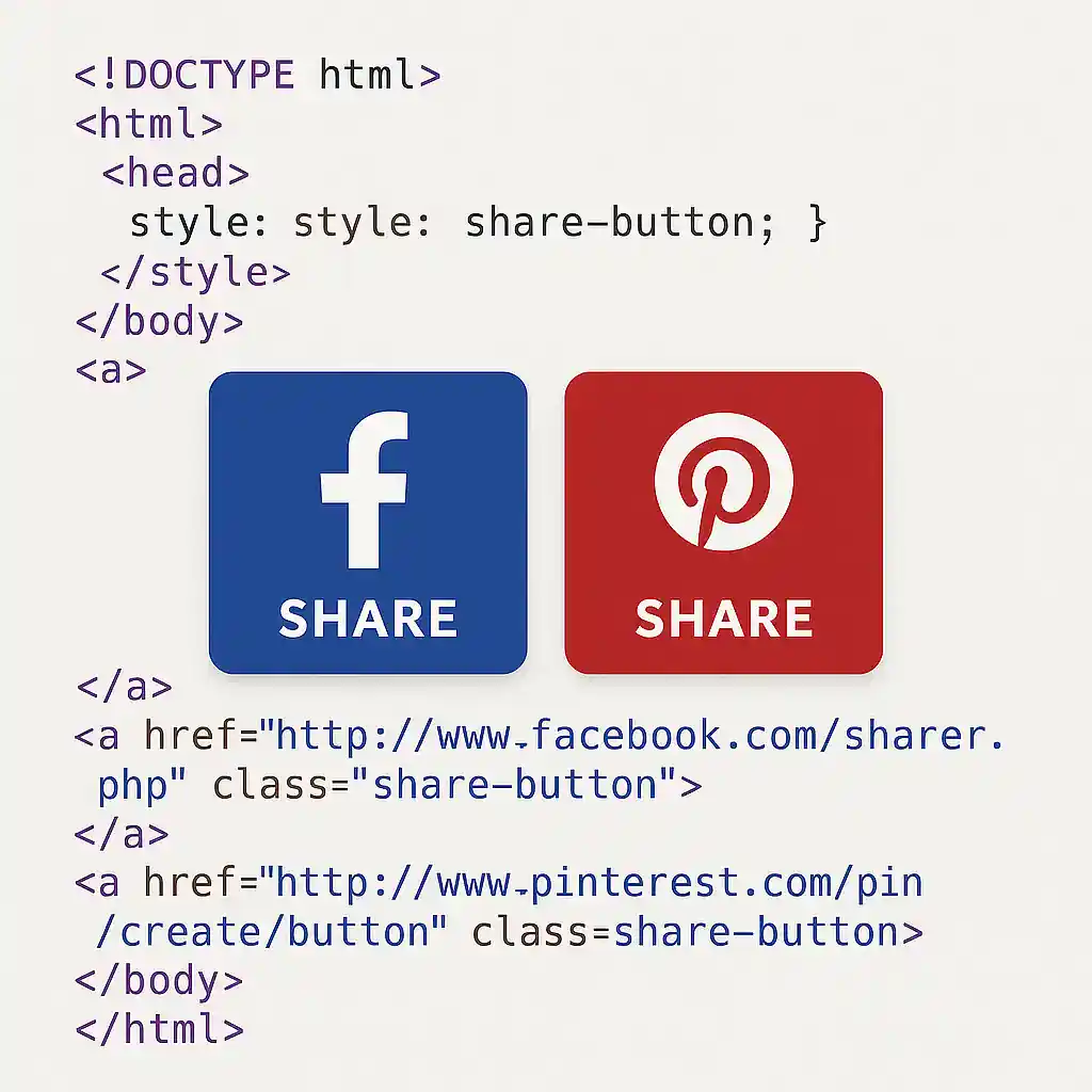 Replace Social Share WordPress Plugins with Code | Pinterest and Facebook 1 Graphic illustrating facebook and Pinterest share buttons with code around them