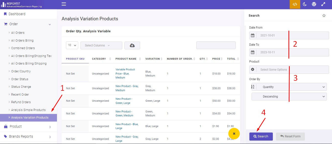 WooCommerce analysis variation products