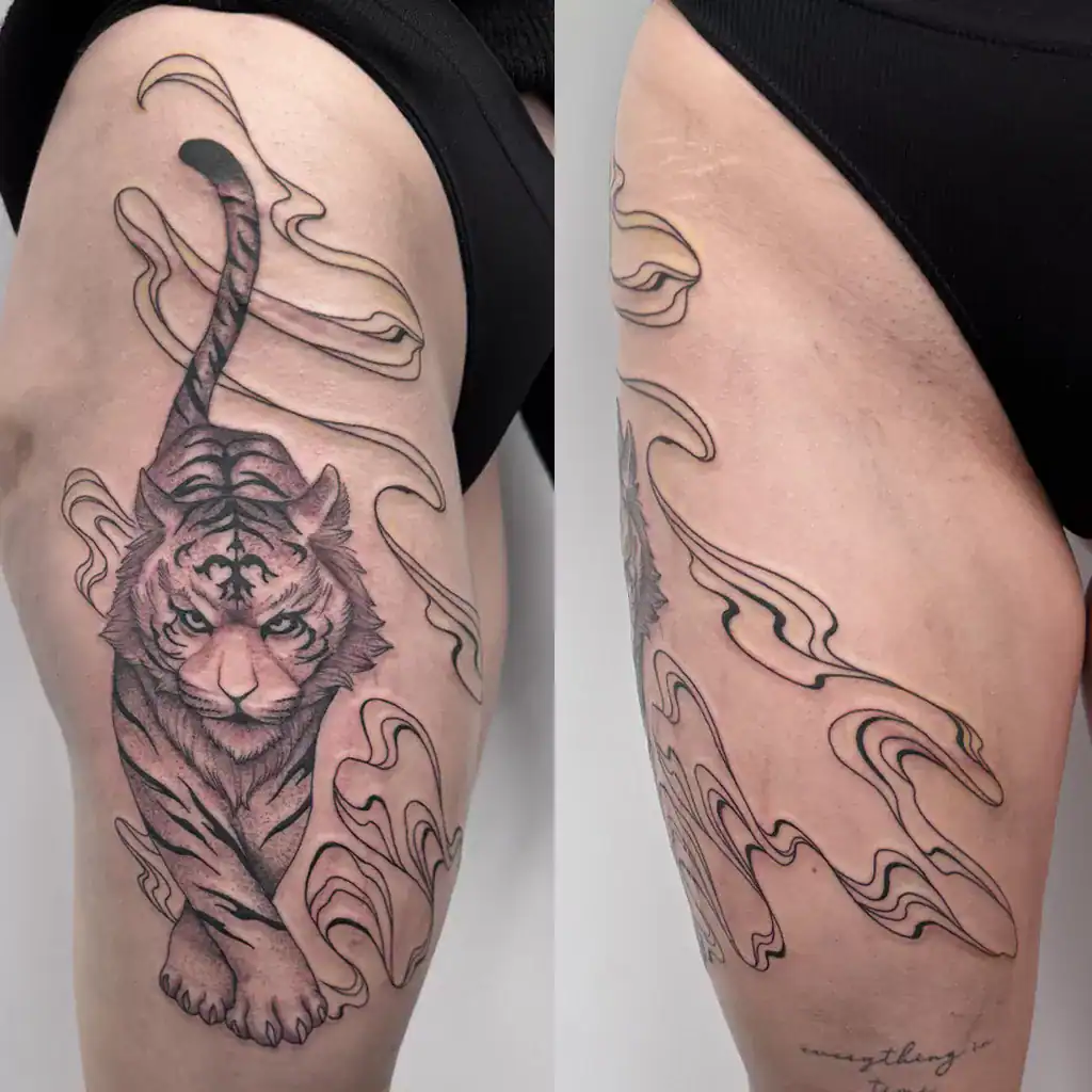 Dotwork Tattoo eines Tigers mit floating Lines