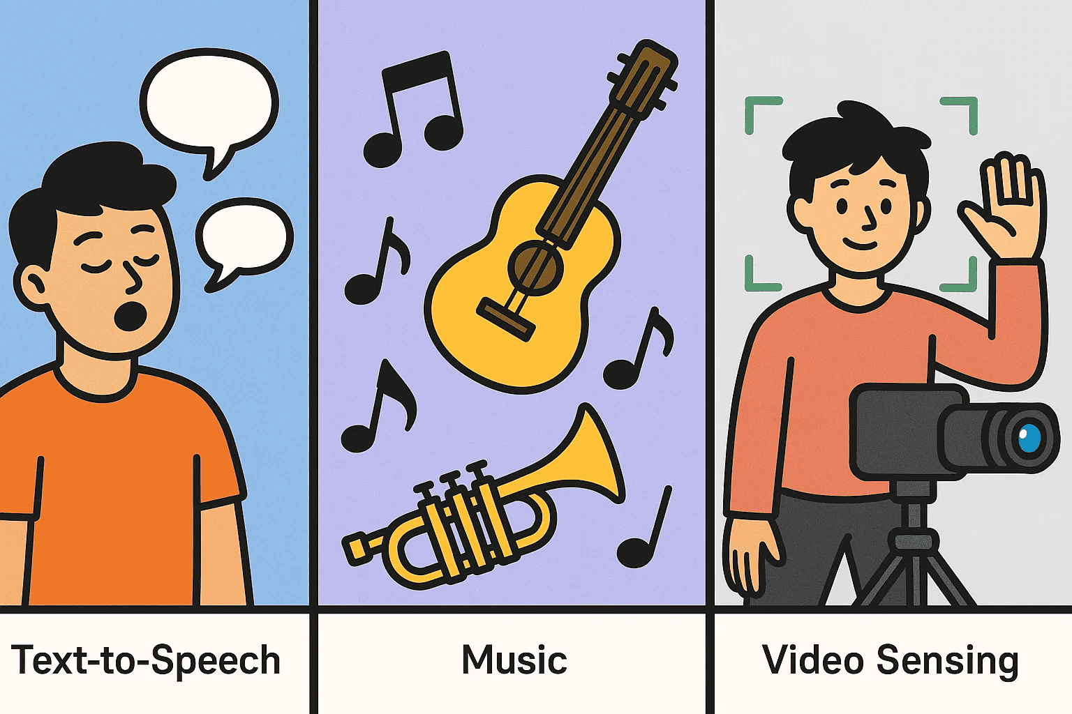 Diagram showing Scratch extensions for text-to-speech, music creation, and video sensing using a camera