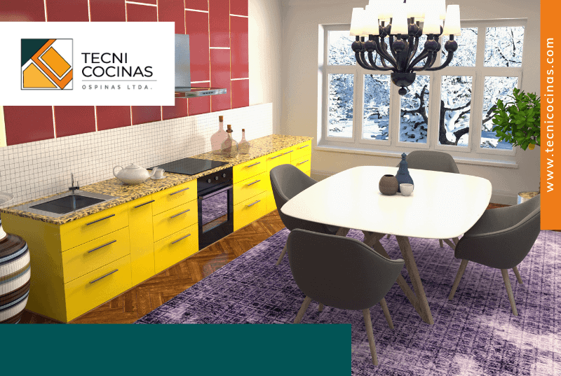 Cocina moderna abierta en tonos primarios