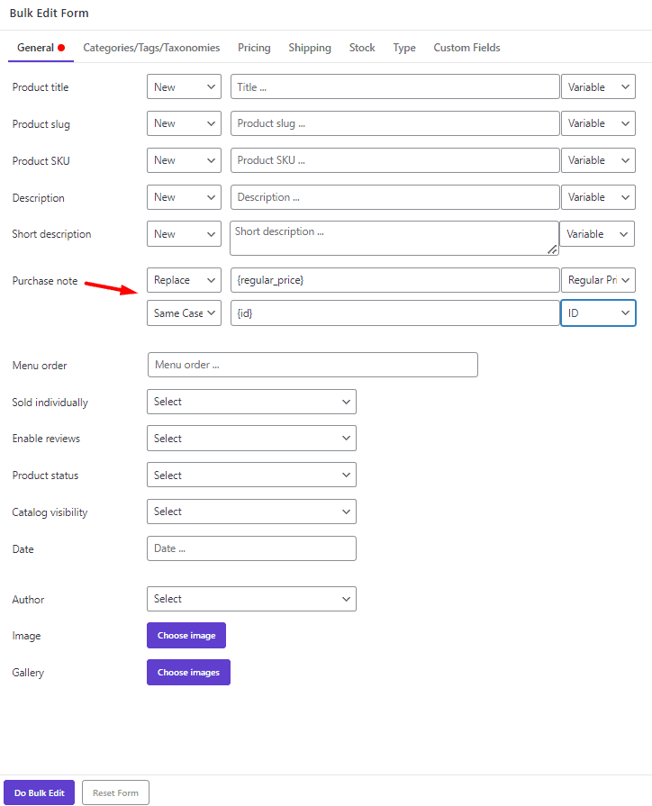 select ID for purchase note in Bulk Edit form