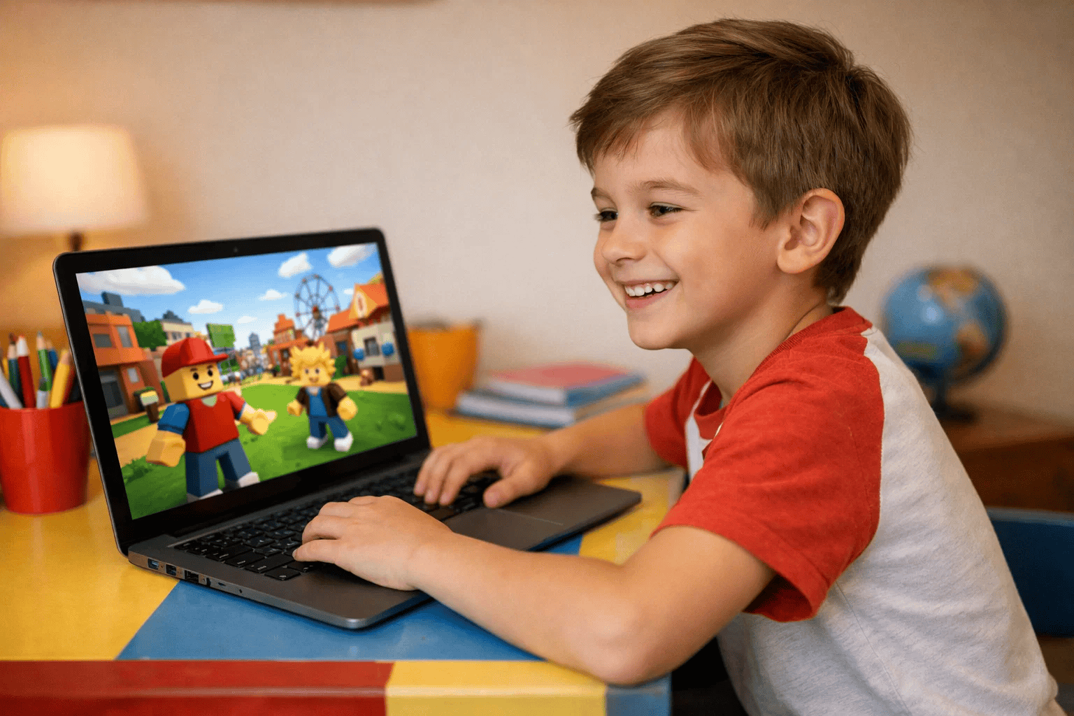 Child playing Roblox game development on laptop at home desk