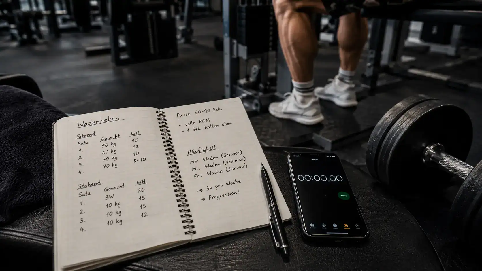 Trainingsnotizen mit Beispielen für Gewicht, Satzanzahl, Wiederholungen und Trainingshäufigkeit beim Wadenheben im Fitnessstudio