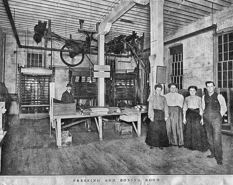 stephenson3 Pressing and boxing room at the history museum, vintage industrial workspace.