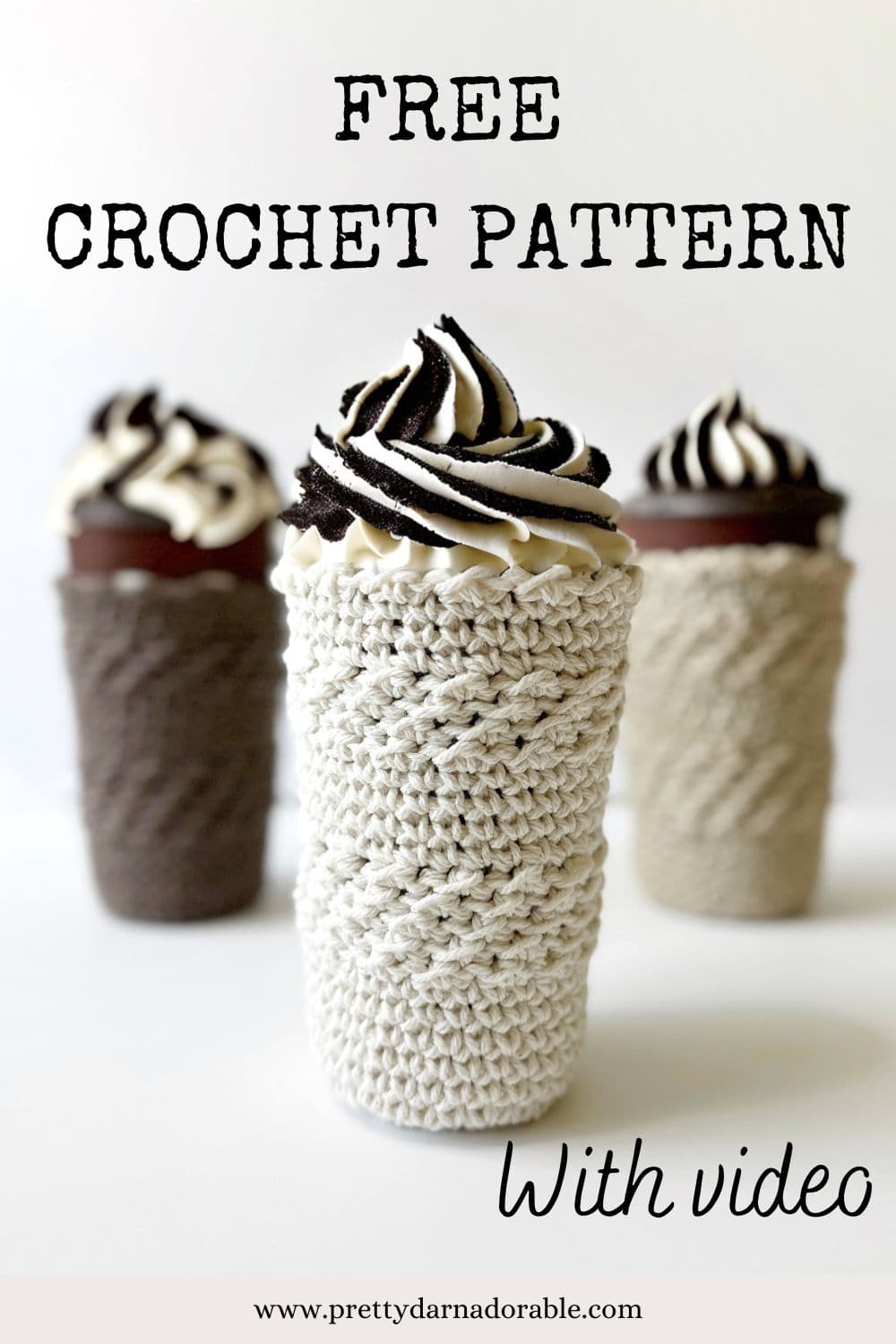cream brown and beige crochet iced cap coffee cup cozy with wwhipped cream