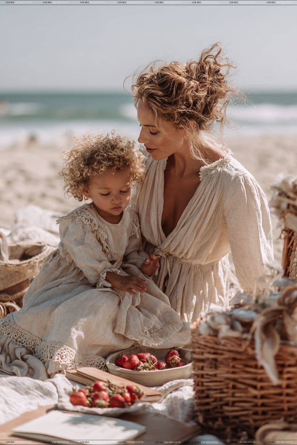 Mother and child at a picnic beach together.