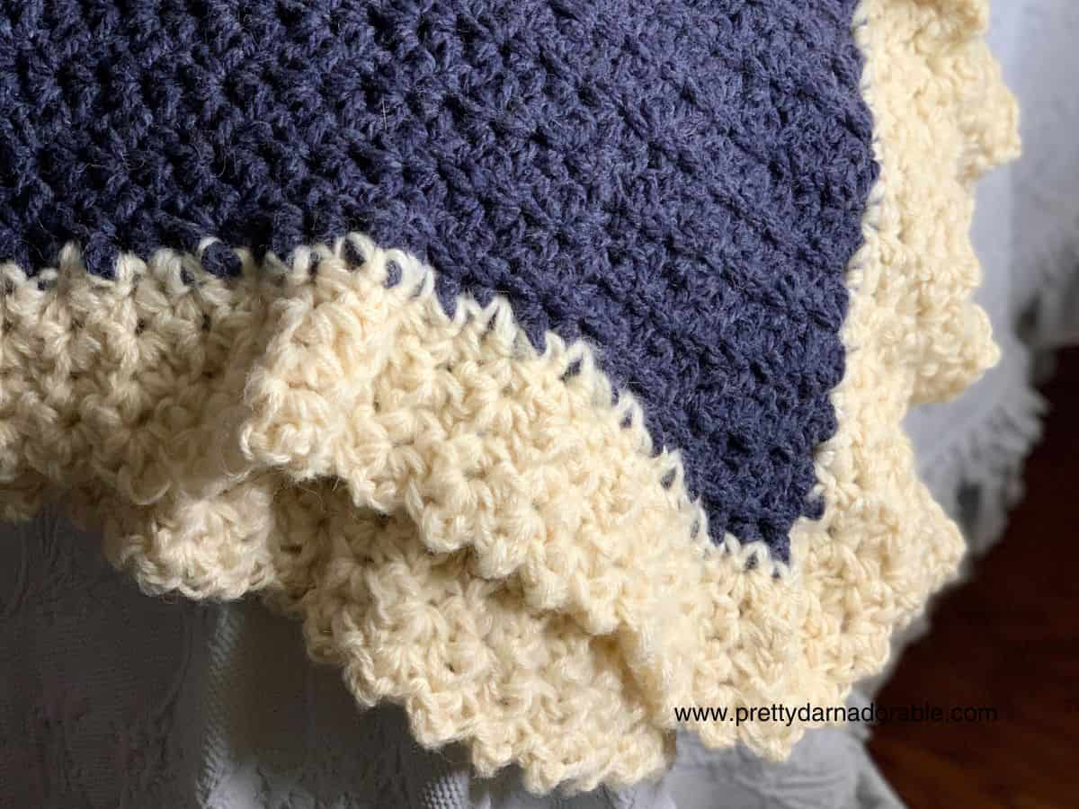 chunky crochet throw navy blue throw with cream lacey trim