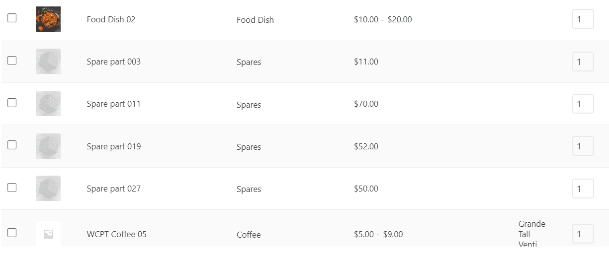 result food table in WooCommerce product table plugin