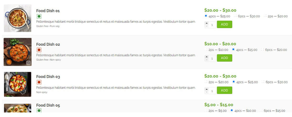 Online Restaurant Menus result in WooCommerce Table Plugin