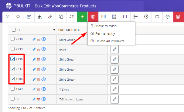 Select trash icon to bulk delete WooCommerce products