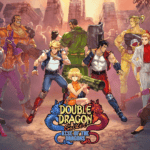 Groupe de personnages de jeux vidéo dans un décor urbain post-apocalyptique, illustrant l'univers de Double Dragon et Rise of the Dragons, avec des héros aux styles variés et armés pour le combat.
