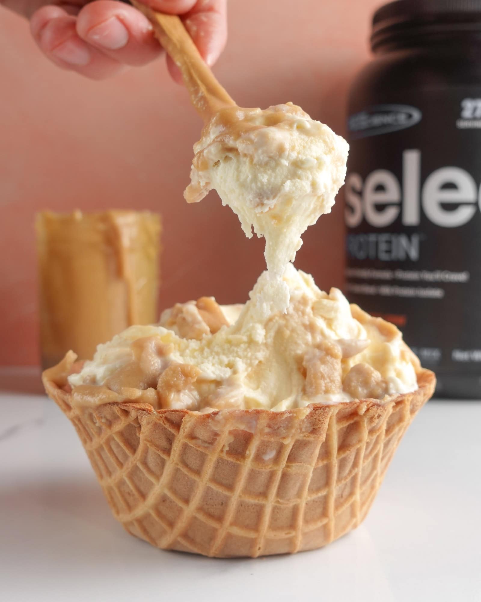 Protein caramel sauce sundae