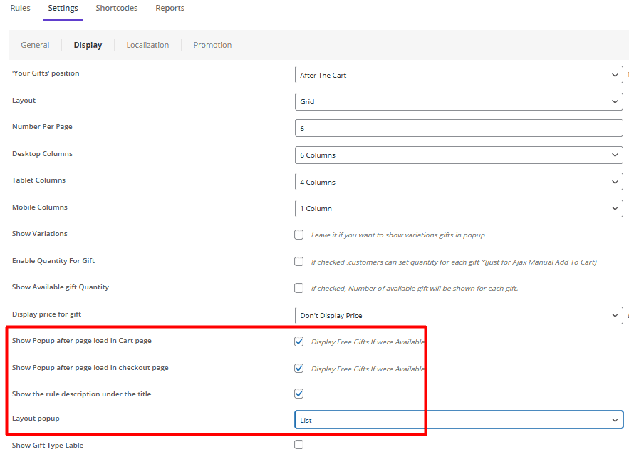 Enable popups for gifts settings