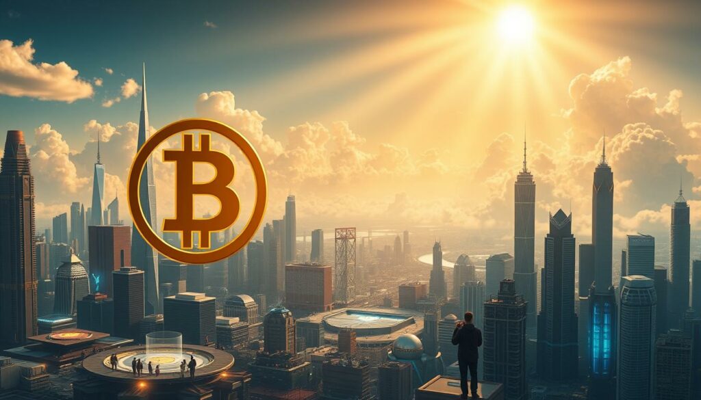 A detailed, futuristic landscape depicting the potential trends and evolution of Bitcoin. In the foreground, a sleek, holographic Bitcoin symbol hovers above a bustling, high-tech cityscape, with skyscrapers and gleaming towers reaching towards the sky. The middle ground features a diverse array of people utilizing advanced, cryptocurrency-powered technologies, such as blockchain-based transactions and smart contracts. In the background, rays of golden light pierce through wispy, ethereal clouds, creating an atmosphere of hope and innovation. The scene is bathed in a warm, optimistic glow, conveying a sense of the bright future of Bitcoin and the broader cryptocurrency landscape. A detailed, futuristic landscape depicting the potential trends and evolution of Bitcoin. In the foreground, a sleek, holographic Bitcoin symbol hovers above a bustling, high-tech cityscape, with skyscrapers and gleaming towers reaching towards the sky. The middle ground features a diverse array of people utilizing advanced, cryptocurrency-powered technologies, such as blockchain-based transactions and smart contracts. In the background, rays of golden light pierce through wispy, ethereal clouds, creating an atmosphere of hope and innovation. The scene is bathed in a warm, optimistic glow, conveying a sense of the bright future of Bitcoin and the broader cryptocurrency landscape.