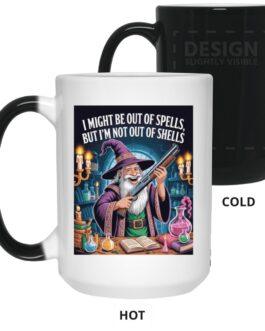 Magic Color Changing Mug, Wizard with Shotgun | 15oz Heat Reveal Coffee Cup for Gamers & D&D Fans | "Out of Spells, Not Out of Shells" Novelty Gift - Image 1