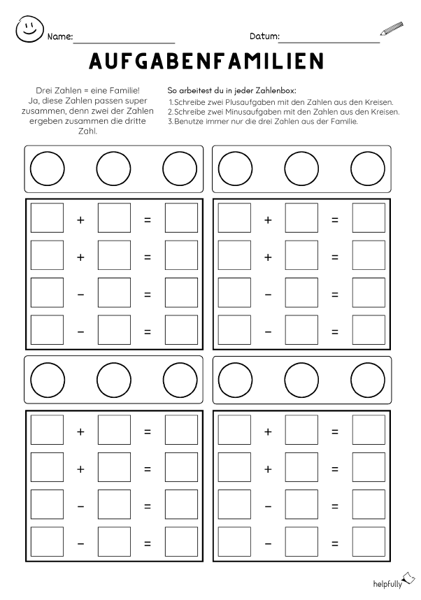 Für Lehrkräfte zum Ausdrucken: Mathe-Arbeitsblatt Aufgabenfamilien