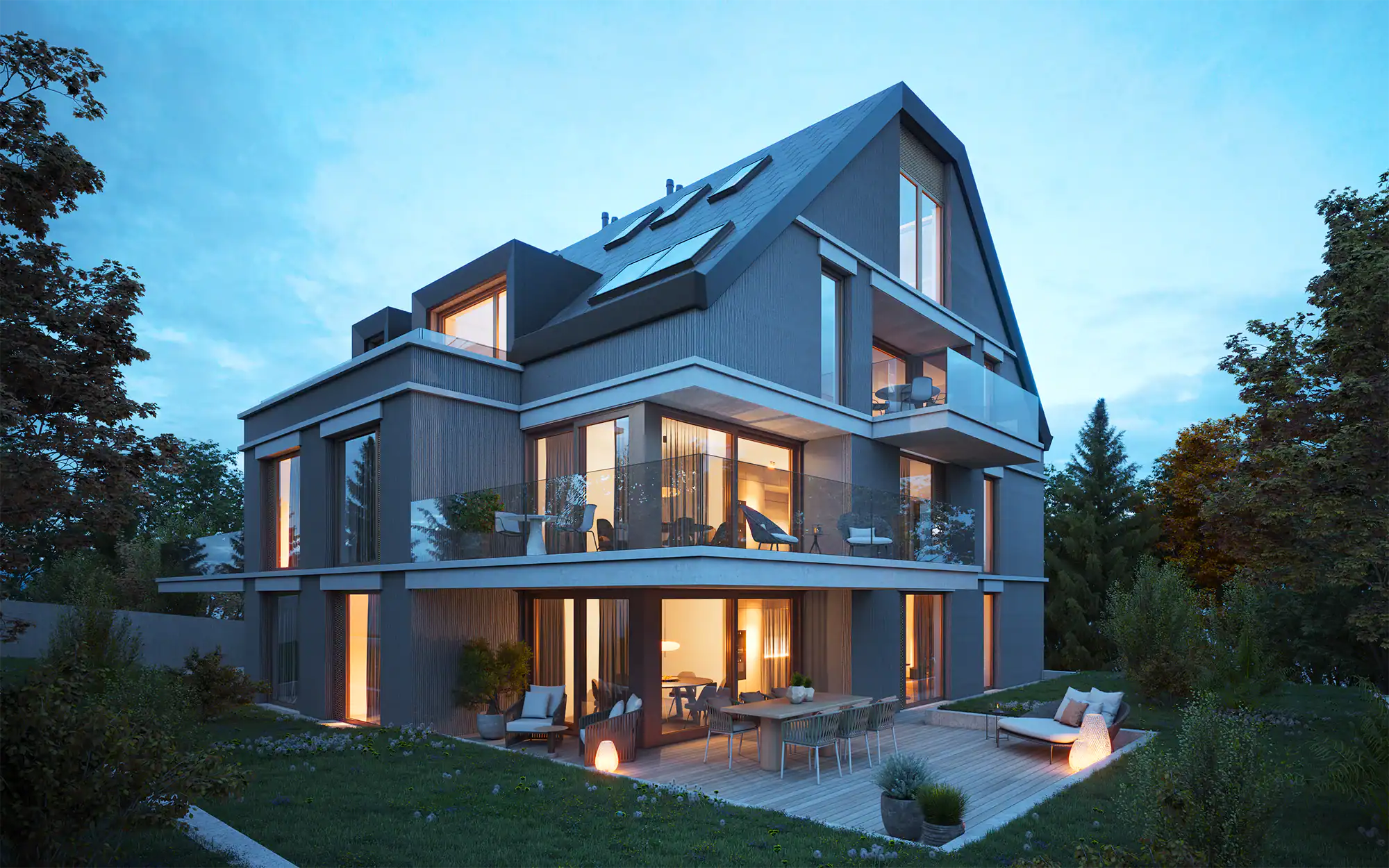 Wie künstliche Intelligenz die Qualität der 3D-Immobilienvisualisierung neu definiert 4 Aussenvisualisierung mit Abendstimmung vom Garten eines Hauses in Ruschlikon, Zürich.