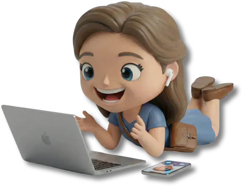 PKV Online-Beratung. Berufsunfähigkeitsversicherung Online-Beratung. Dienstunfähigkeitsversicherung Online Beratung. Ein*e Beamter*in liegt auf dem Boden. Sie hat ein InEar-Headset in den Ohren und lässt sich gerade online beraten. Vor ihr liegt ein Laptop und ein Handy. Auf dem Handy sieht man, dass sie ein Telefonat führt. Die Beamtin ist kein echter Mensch, sondern wird als Funko Pop ähnliche Figur dargestellt.