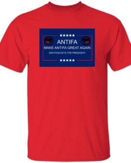 Red "Make Antifa Great Again" T-shirt. The design features the Antifa symbol on a blue background with white stars and text: "Antifa," "Make Antifa Great Again," and "Anti-Fascists for President.