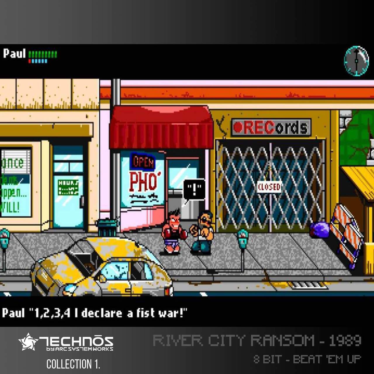 Pixilated arcade street scene with characters standing in front of a record store, retro aesthetic, pixel art style, urban environment, cars parked on the street, neon signs, and closed store gate, nostalgic 80s video game graphics.