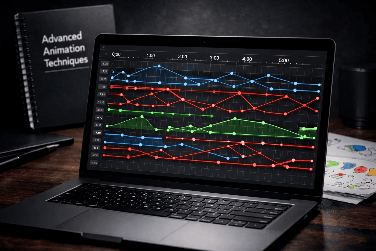 Advanced animation timeline showing multiple synchronized tweening layers including position, rotation, and size effects