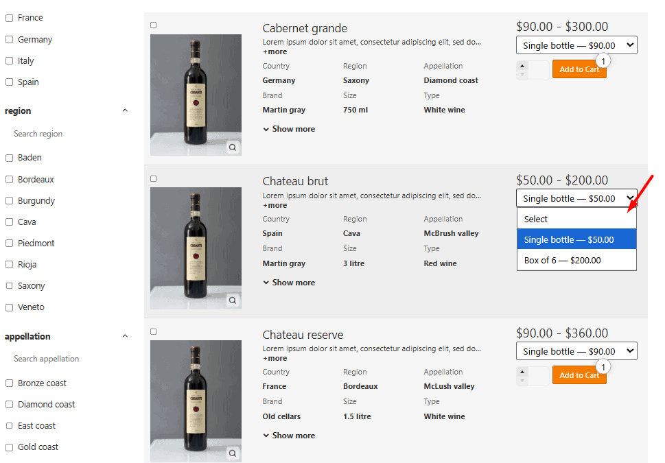 support variations product in tables