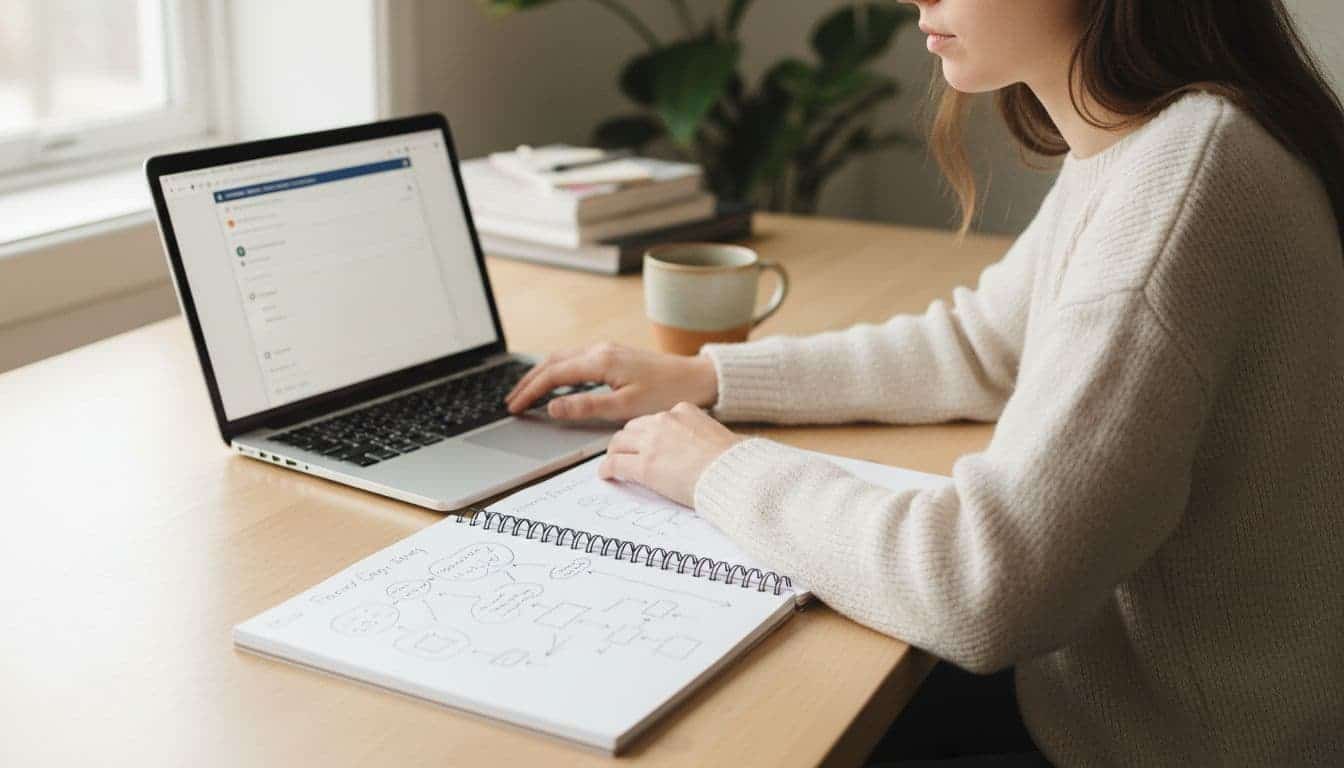How Beginner Bloggers Get Traffic: Offer-First Blog Posts for Traffic, Subscribers, and Sales 3 Blogger at clean desk with open WordPress laptop, notebook outline nearby, and coffee mug in natural light.
