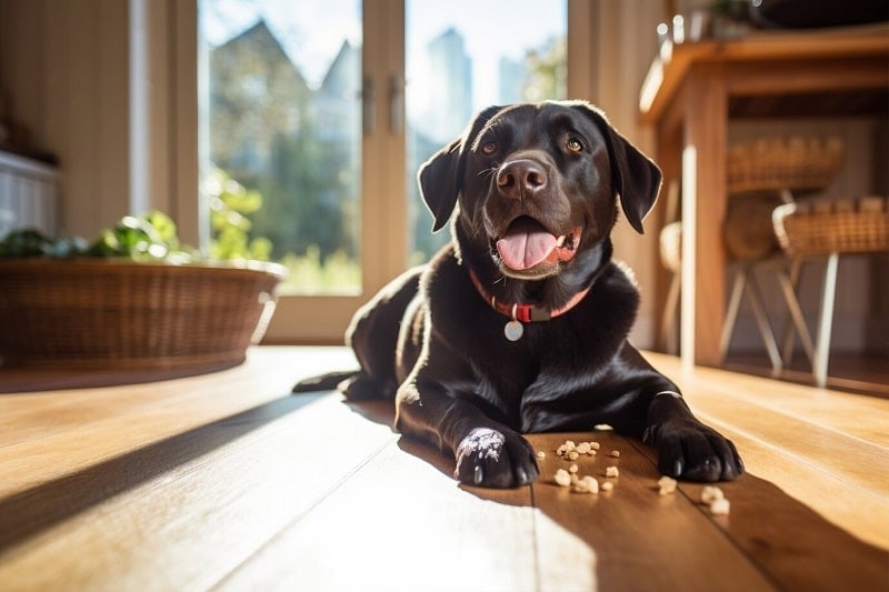 Black Lab on the floor with popcorn / Top 10 Treats You Didn't Know You Can Give To Your Dogs