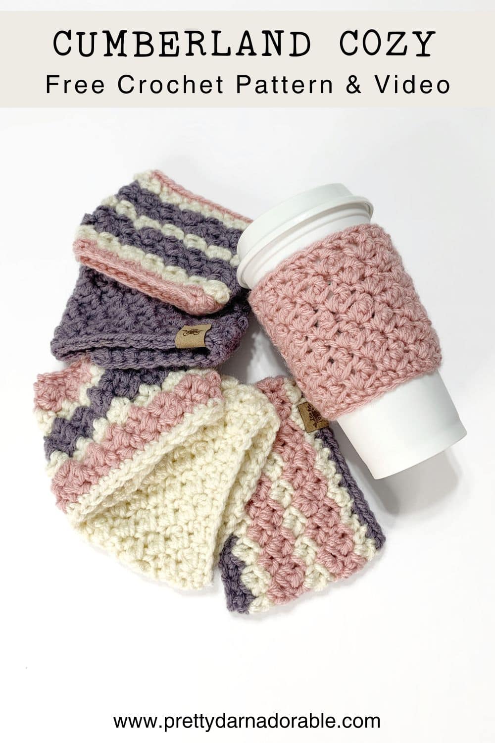 crochet coffee cup cozy set with pink cream and purple stripes