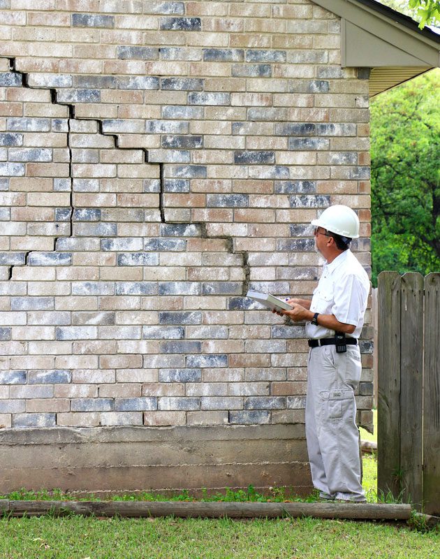 Fachmann überprüft Risse in Fassade