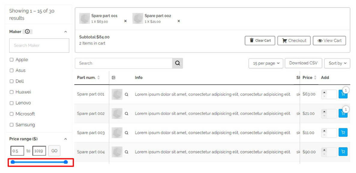 slider bar result in WooCommerce Table Plugin