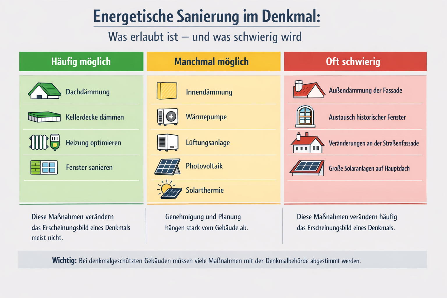 Infografik zeigt, welche energetischen Sanierungsmaßnahmen bei denkmalgeschützten Gebäuden häufig möglich, eingeschränkt möglich oder schwierig sind.