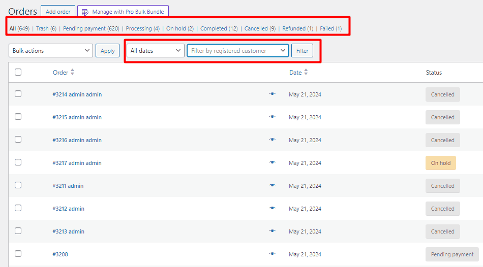 WooCommerce default order filters