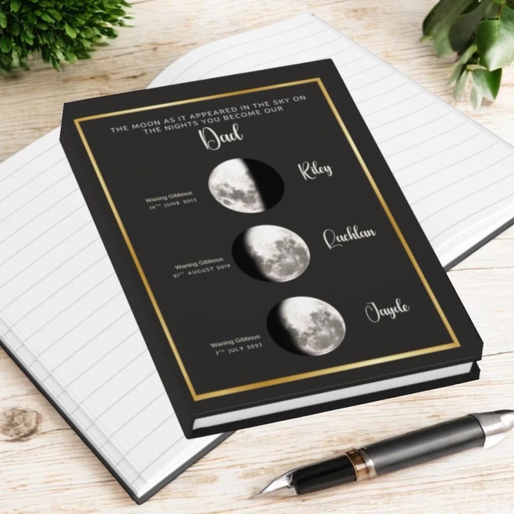 Scorpio Season 8 A personalized book on a notebook shows moon phases with names Dad, Riley, Lachlan, and Jayde, and dates marking when each became a parent. A pen and plant are nearby on a wooden surface.