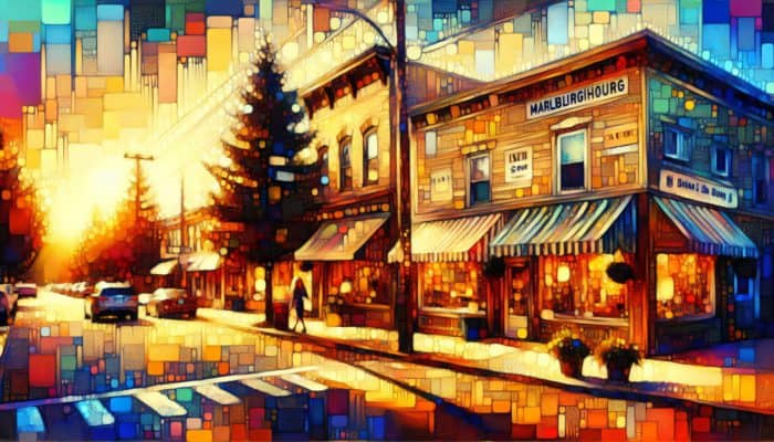 Copywriting in Marlborough for Small Business: A vibrant Marlborough small business scene with persuasive copywriting on storefronts and ads, boosting sales.