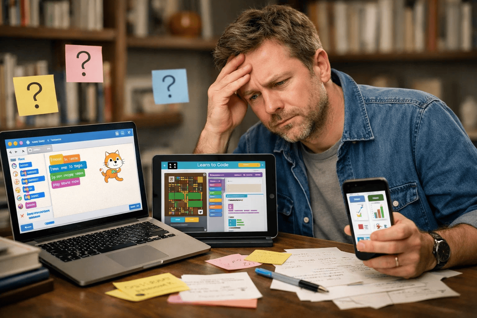 Frustrated parent reviewing Scratch and coding lessons on laptop and tablet, holding phone, surrounded by notes and question marks.