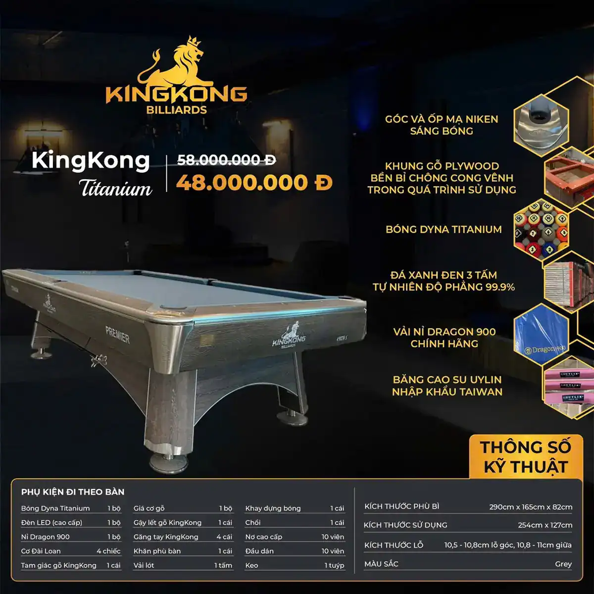 BÀN BIDA LỖ KINGKONG TITANIUM 10 BÀN BIDA LỖ KINGKONG TITANIUM