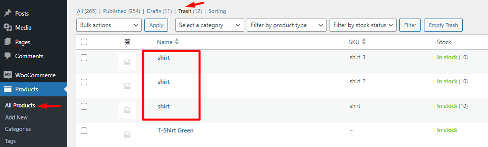 select trash in all products page of WooCommerce default