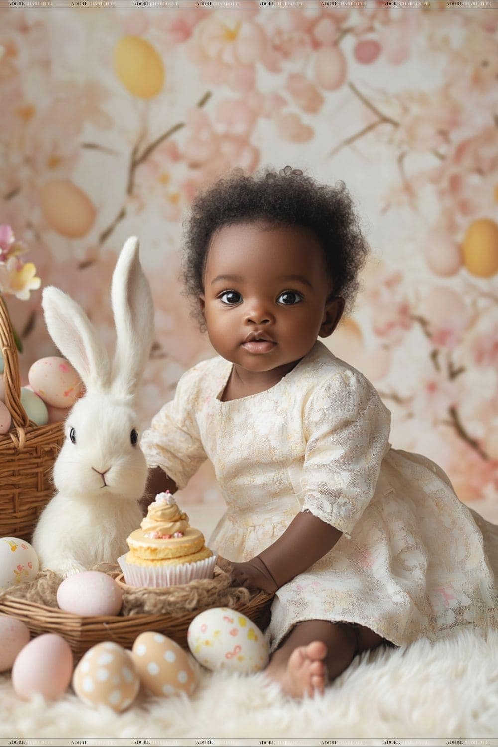 Home Easter Baby Photoshoot Cute baby with a cupcake and bunny teddy.