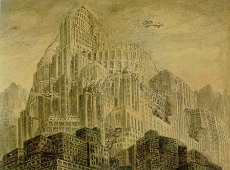 Metrópolis - Ciudad de los hijos, lápiz de color y aguada gris sobre papel - Erich Kettelhut