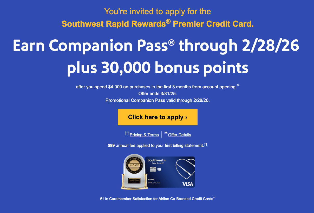 2025 Southwest Credit Card Offer: Get Companion Pass Through 2026 + 30K Bonus Points 1 Southwest Rapid Rewards Premier Credit Card Offers