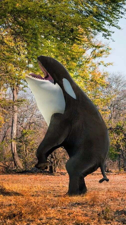 A bizarre hybrid creature, blending an orca whale's head and body with elephant-like legs, stands in a forest. This fantastical "CryptoZoo" animal, a symbol of the unfinished NFT game, represents the unfulfilled promises of Logan Paul's blockchain project and the investor losses associated with it.